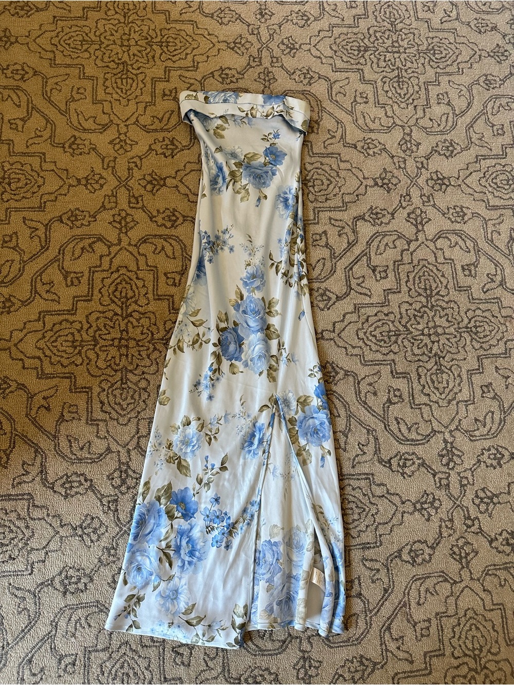 Altar'd State Strapless Floral Maxi Dress in Blue and Cream
